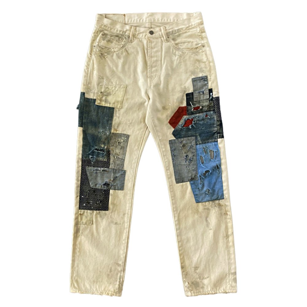 HANDMADE-DISTRESSED & PATCHWORK SELVEDGE COTTONSEED WORK PANTS (OM0023) - Nttitudoo MFG