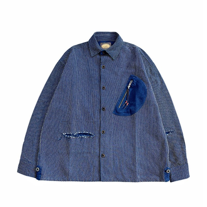 【LIMITED EDITION】INDIGO-DYED SASHIKO PATCH-DISTRESSED FRENCH RETRO WORK JACKET (MM0014) - Nttitudoo MFG