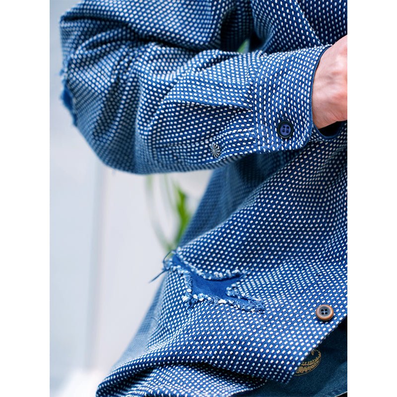 【LIMITED EDITION】INDIGO-DYED SASHIKO PATCH-DISTRESSED FRENCH RETRO WORK JACKET (MM0014) - Nttitudoo MFG