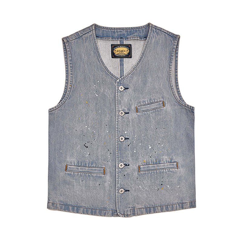 SELVEDGE DENIM V - NECK PAINT - SPLASHED MATHIEU VEST (BR0005) - Nttitudoo MFG