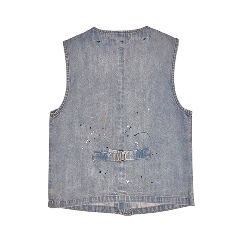 AMERICAN RETRO SELVEDGE DENIM V-NECK PAINT-SPLASHED WORK VEST (#BR0005) - Nttitudoo MFG