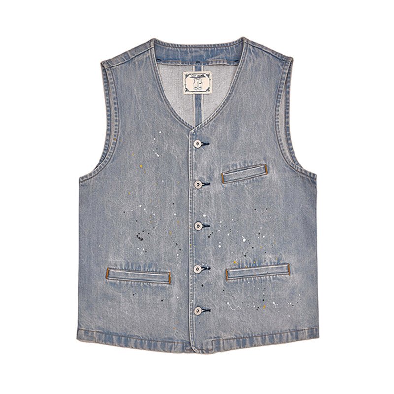 AMERICAN RETRO SELVEDGE DENIM V-NECK PAINT-SPLASHED WORK VEST (#BR0005) - Nttitudoo MFG