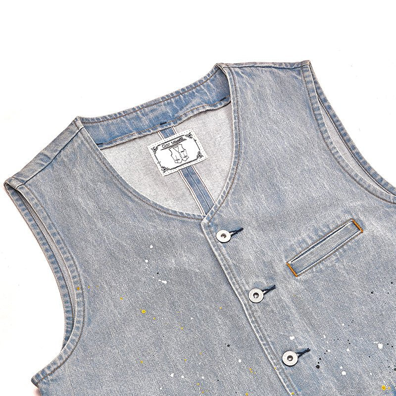 AMERICAN RETRO SELVEDGE DENIM V-NECK PAINT-SPLASHED WORK VEST (#BR0005) - Nttitudoo MFG