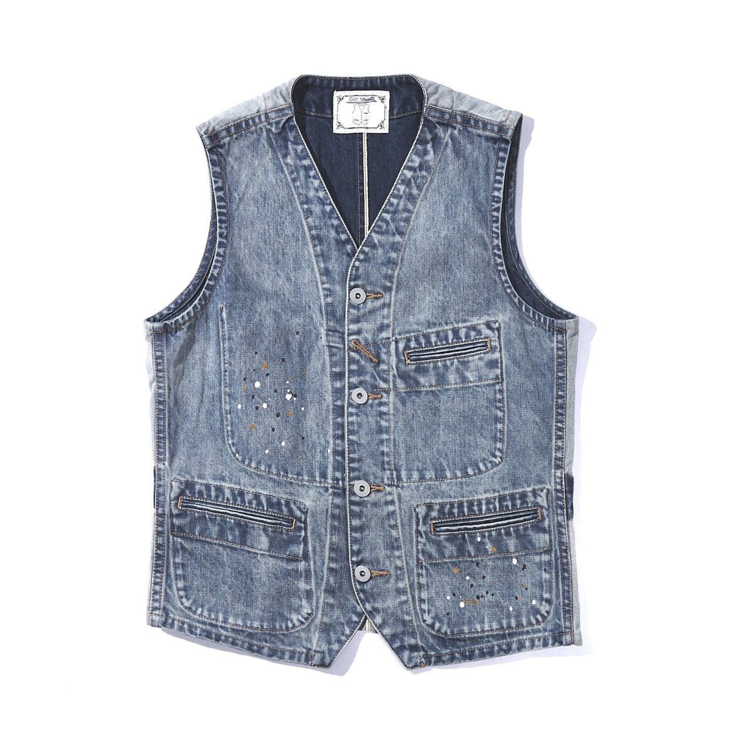 AMERICAN RETRO TWIN-SELVEDGE DENIM V-NECK PAINT-SPLASHED CONTRAST WORK VEST (#BR0006) - Nttitudoo MFG